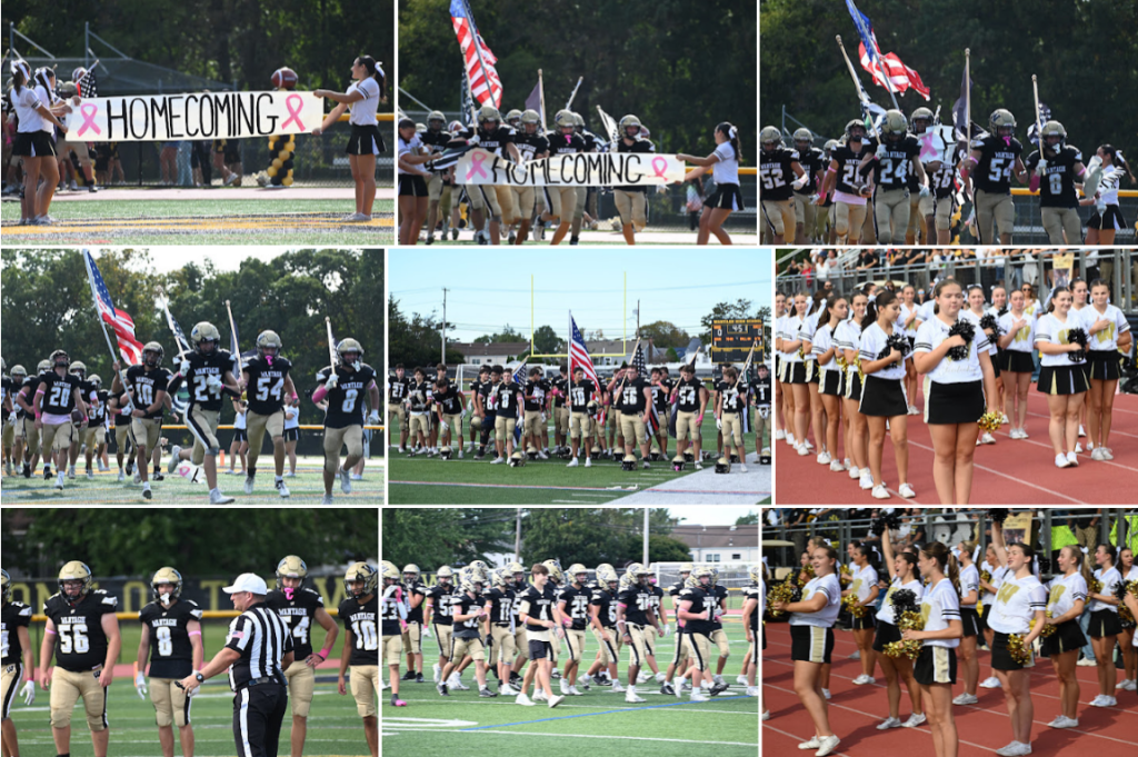 A collage of a high school football game featuring players running onto the field through a banner, carrying flags, and cheerleaders performing.