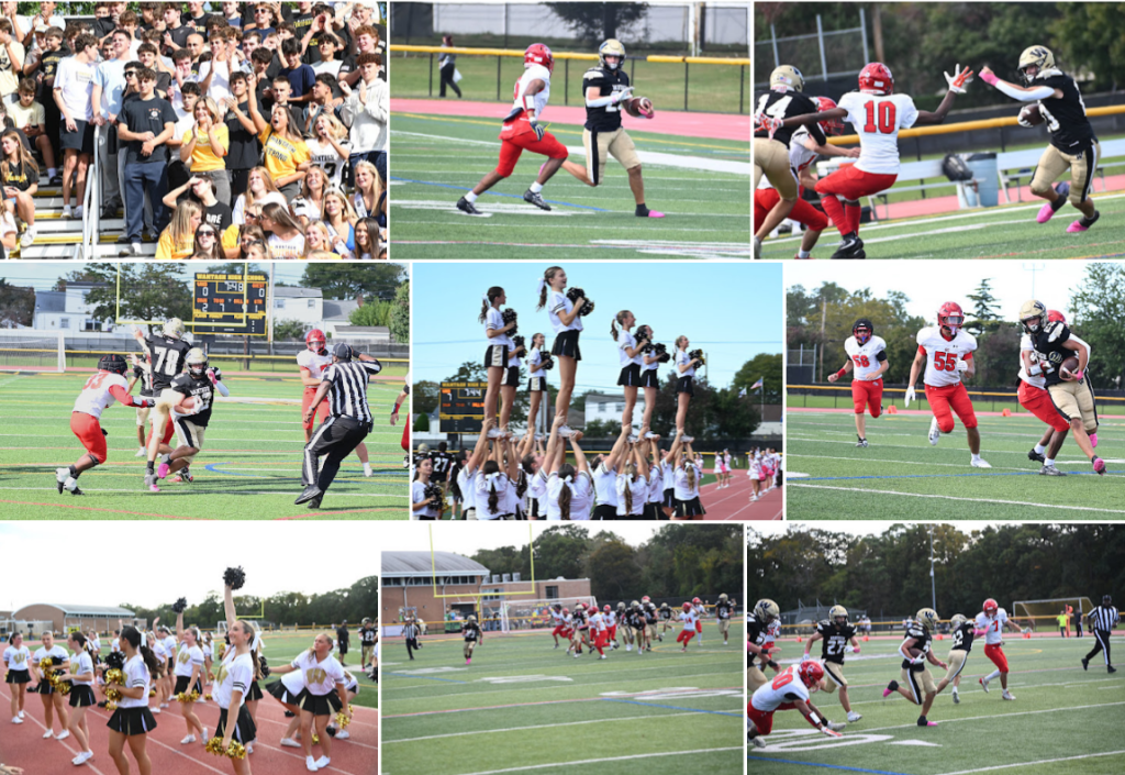 A collage of nine photos showing scenes from a football game, including players in action on the field, cheerleaders forming a pyramid, and cheering crowds.