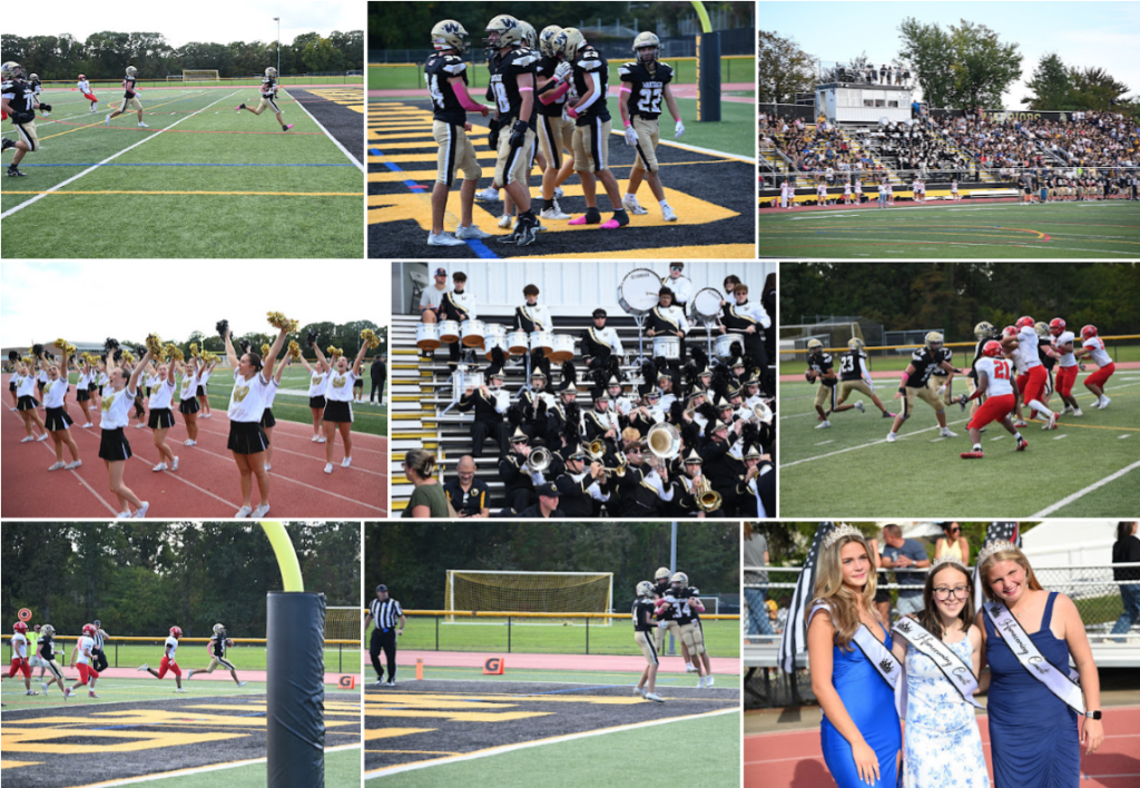 A collage of photos capturing a vibrant high school football game, featuring players, cheerleaders, a marching band, and spectators.
