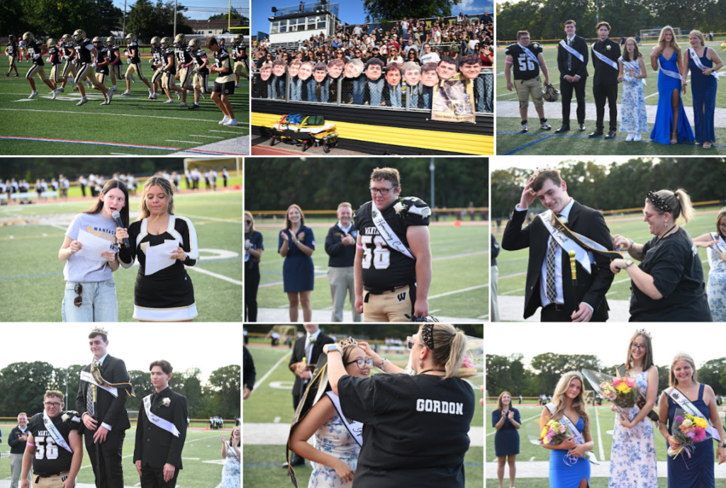 A collage of nine photos showing students celebrating homecoming events on a football field.