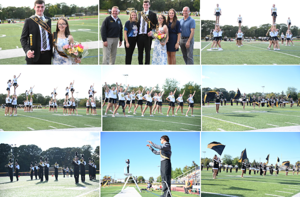 A collage of nine photos showing high school students celebrating homecoming events on an outdoor football field.