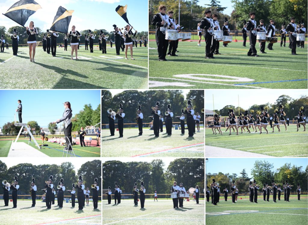 A collage of a marching band practicing on a green football field on a sunny day.