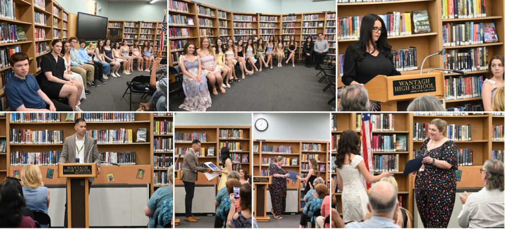 A collage of scenes from a library event, showing people seated and standing near bookshelves.