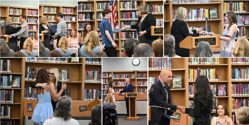 A collage of images showing a school library awards ceremony with students receiving recognition.