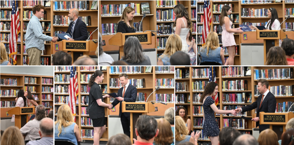 A collage of award ceremonies in a library, with people receiving certificates.