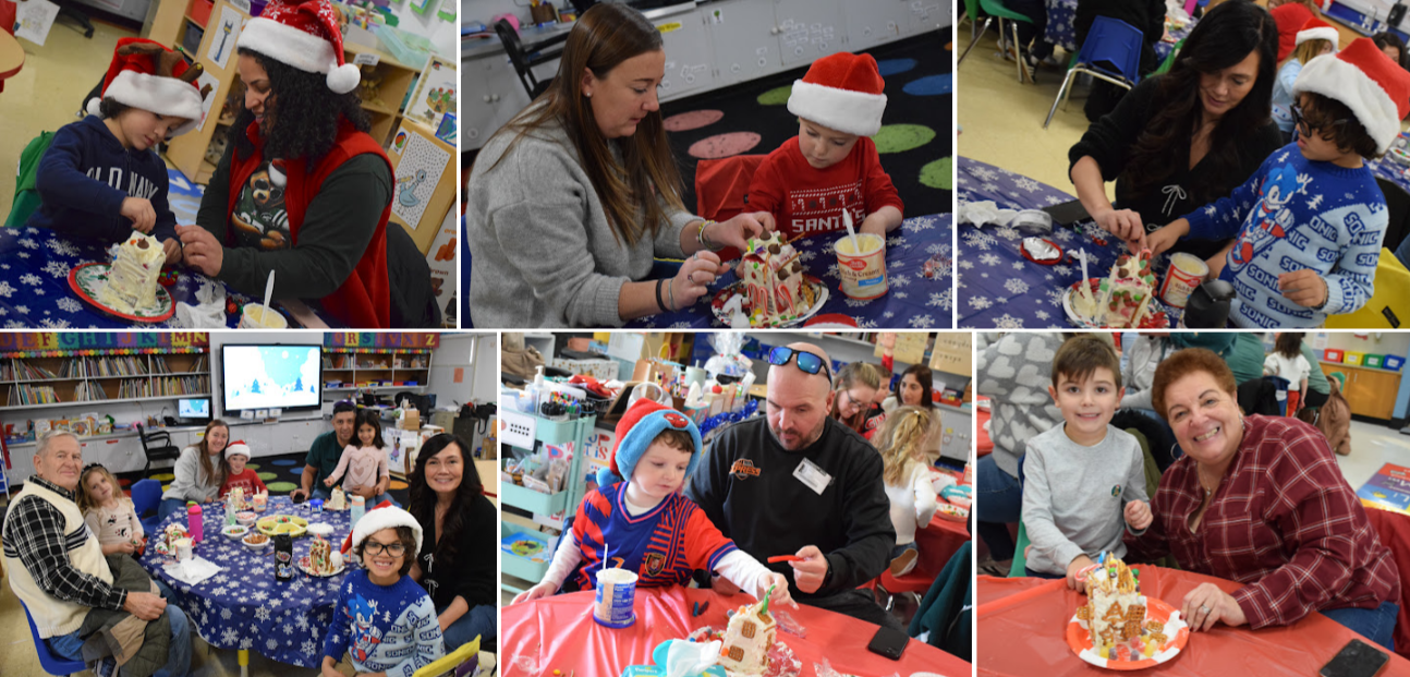 Children and adults wearing Santa hats work together on gingerbread houses.