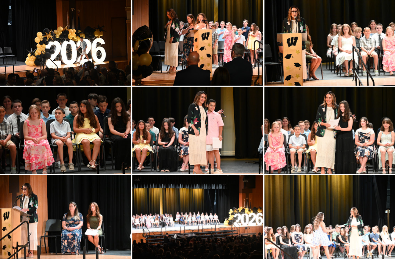A collage of images from a graduation ceremony, featuring students receiving awards and a large audience.