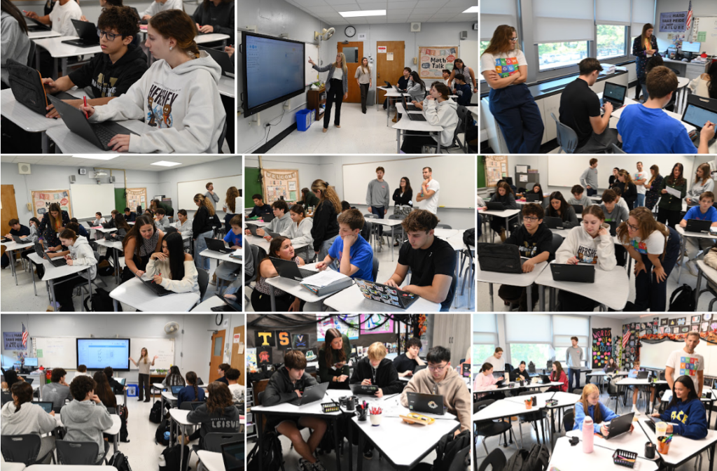 A collage of nine photos showing students engaged in learning activities within a modern classroom setting.