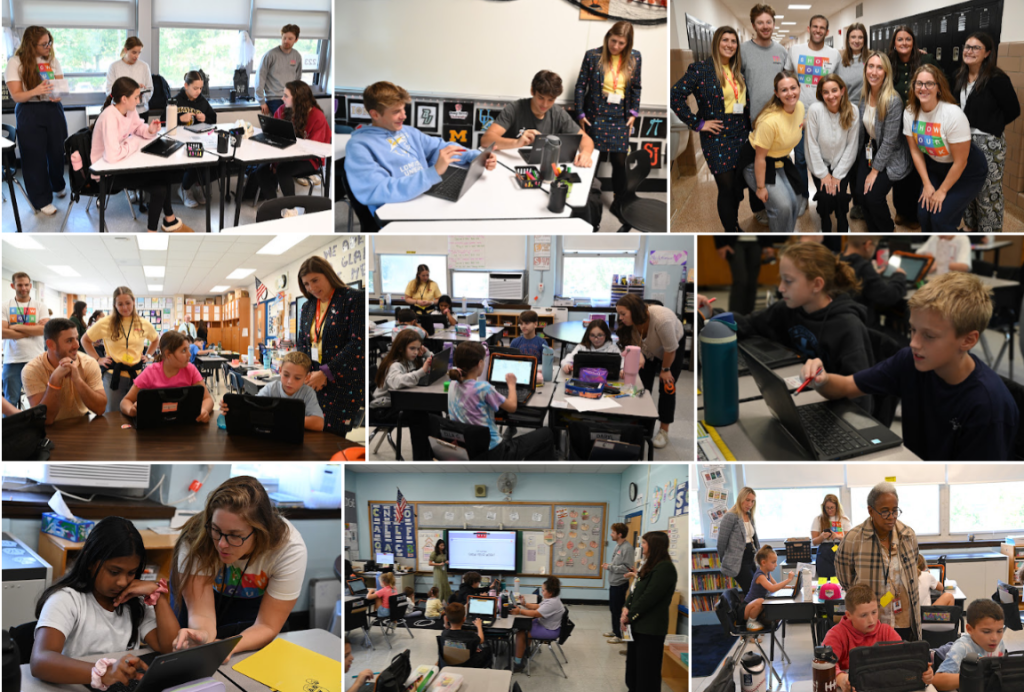 A collage of nine photos showing students and teachers collaborating in a classroom environment.