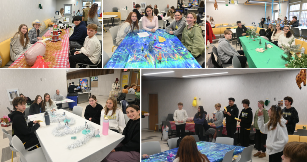 A collage of images shows groups of people gathered around tables in a brightly lit room.