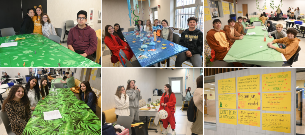 Students collaborate around tables, possibly working on a project.