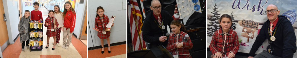 People in red shirts and jackets are gathered indoors.