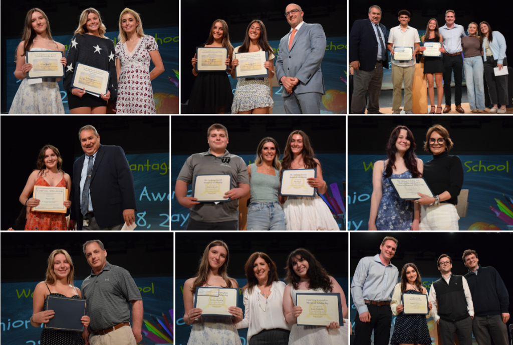 Students receive awards on a stage with a colorful backdrop.