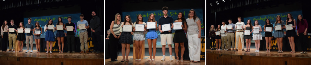 A group of young people stand on a stage, holding certificates and smiling.