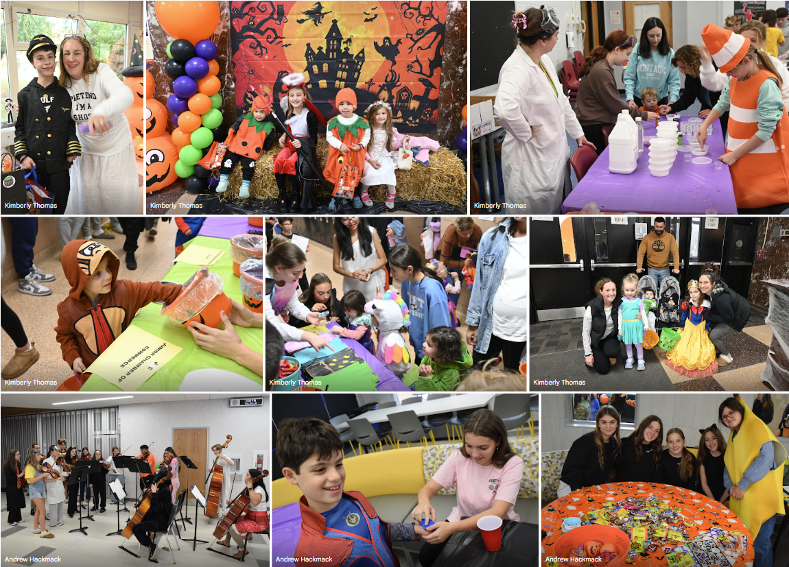 Children in costumes participate in a Halloween event with decorations.