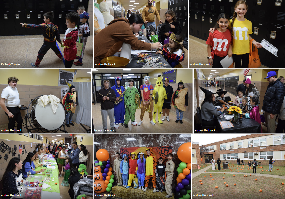 Children in costumes pose for photos at a school event.