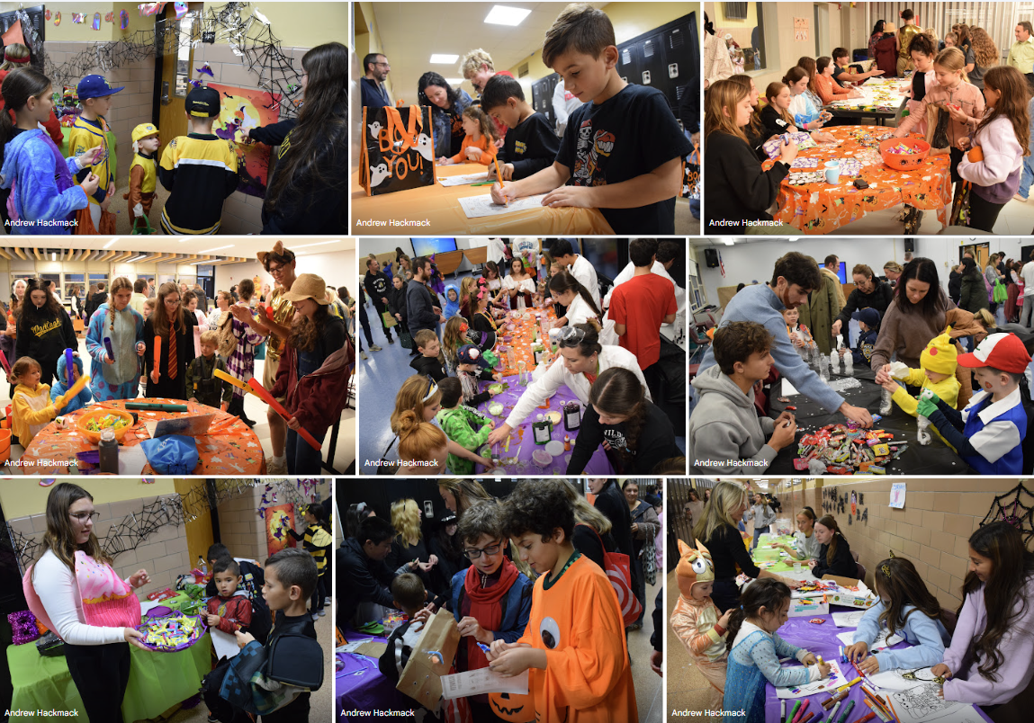 A collage of images shows a community event with people interacting.