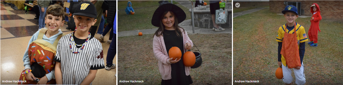 Children in costumes hold orange balls, possibly for a game.
