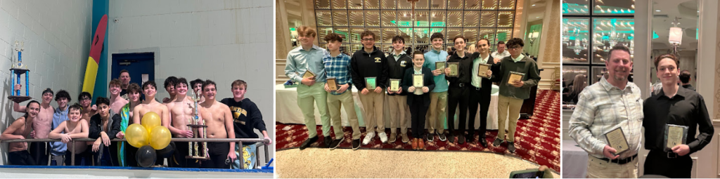A group of people pose together, possibly after a swim.
