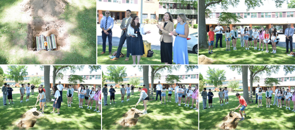 A group of people gather outdoors in a park setting, with some interacting and others standing in a line.