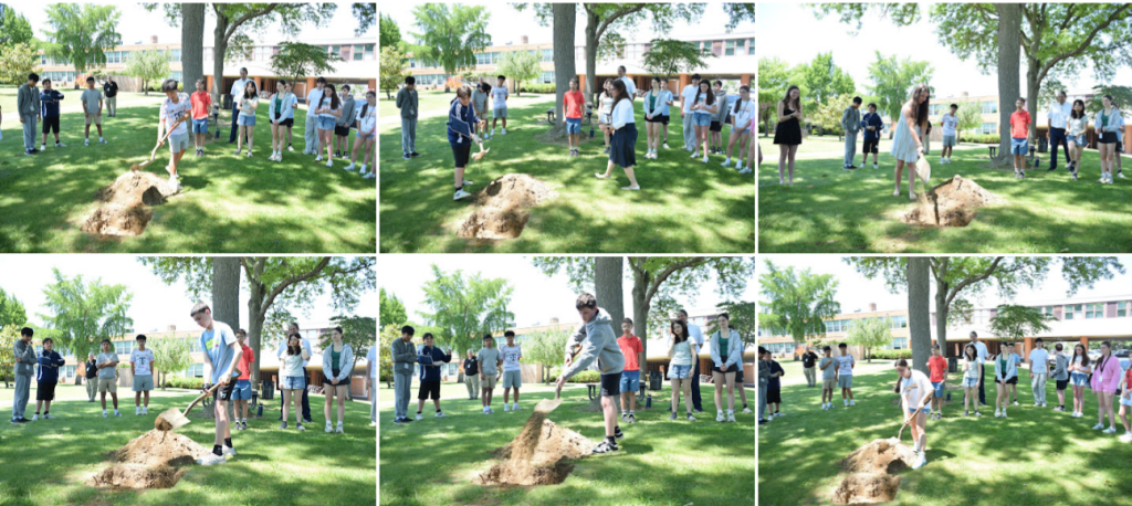 A group of people and a dog gather on a sunny lawn under trees.