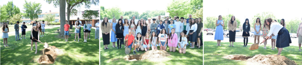 A group of people gather outdoors in a park, with some appearing to be digging.