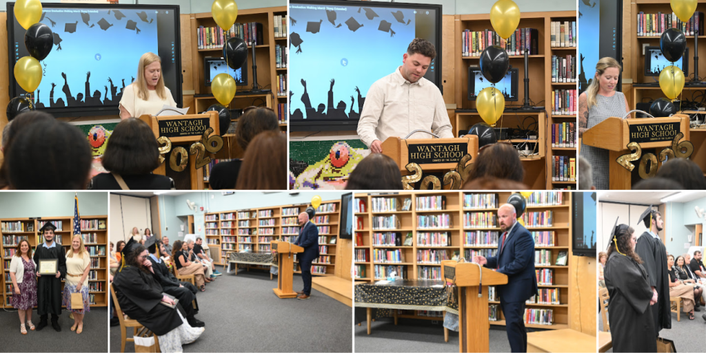 A graduation ceremony in a library with students and speakers at podiums.