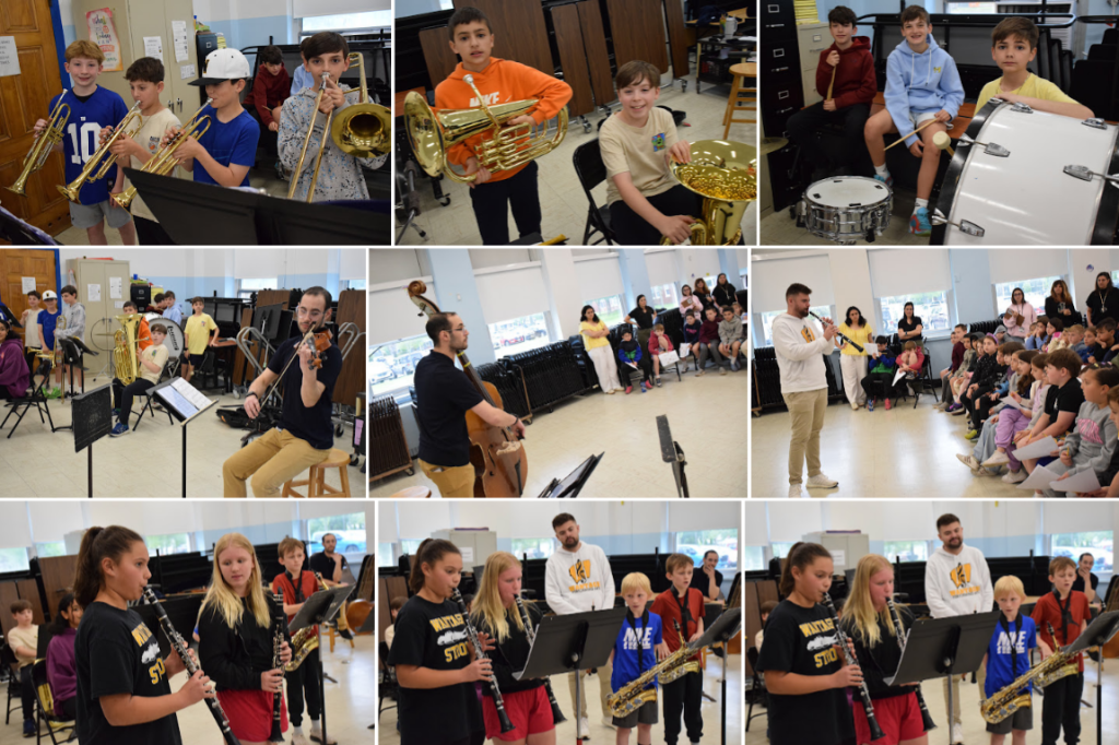 Students in a band class practice various brass instruments.