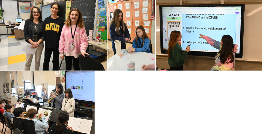 A group of students and a teacher pose for a photo in a school hallway.