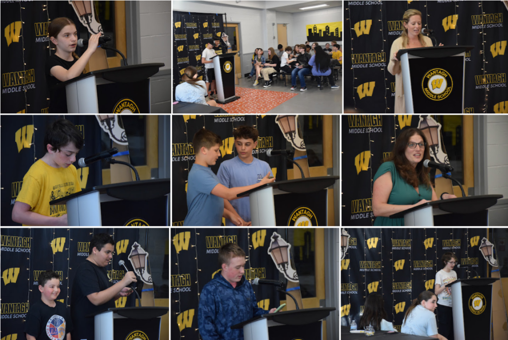 Students and adults speak at podiums in a room with a school logo backdrop.