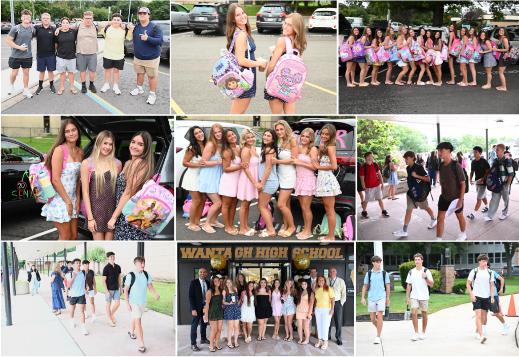 A collage of nine photos showing groups of students posing outside a high school.