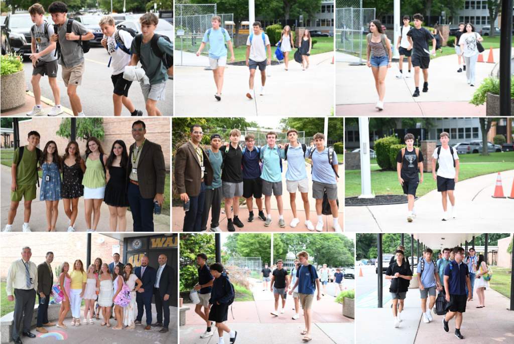 A collage of nine panels showing students walking outdoors and posing in groups near a school campus.