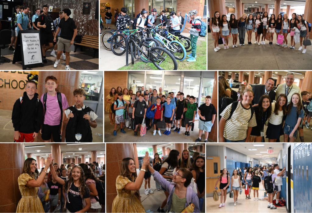 A collage of nine photos showing students arriving at school, riding bicycles, and greeting each other in the hallways.