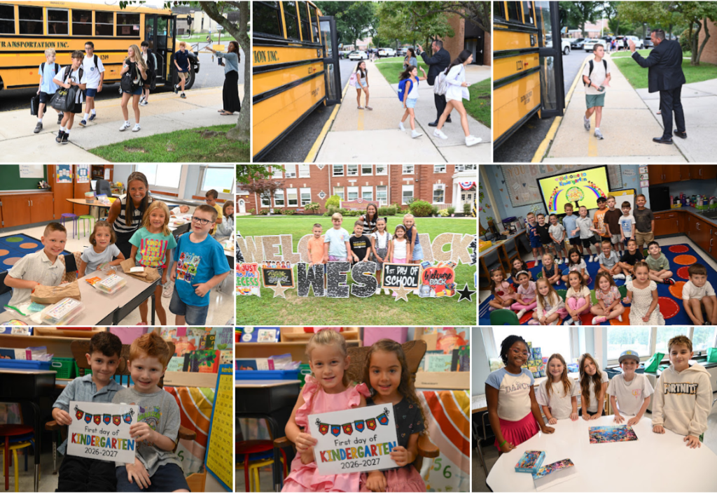 A photo collage showing children boarding a school bus, participating in classroom activities, and holding signs.