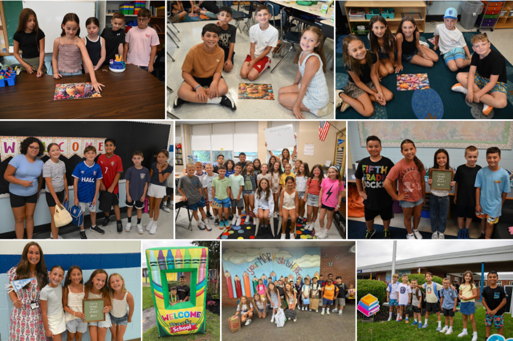 A collage of ten photos showing students engaged in various classroom activities and group poses.