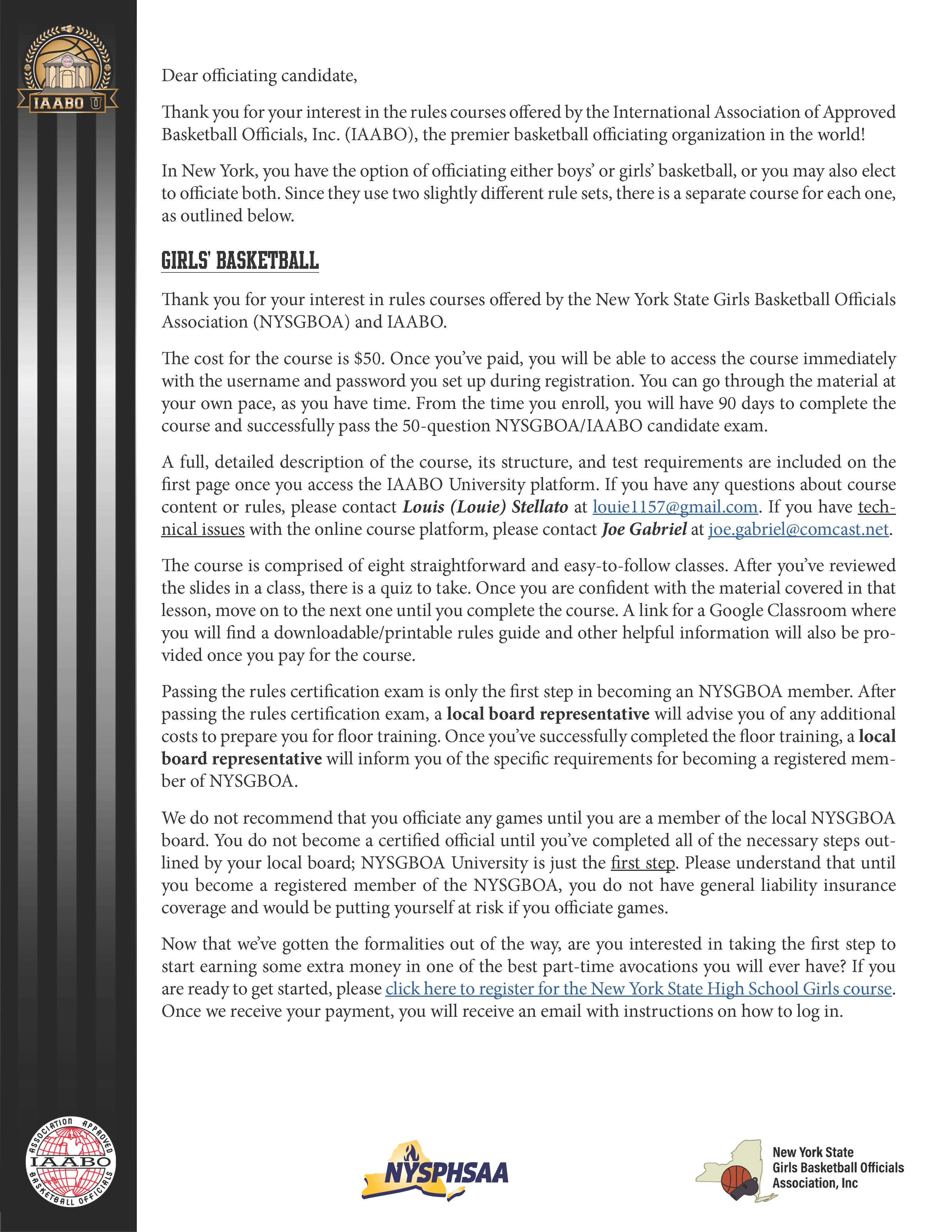 A document outlining the steps to become a certified basketball official in New York State, including information about rules courses, certification exams, and local board membership.