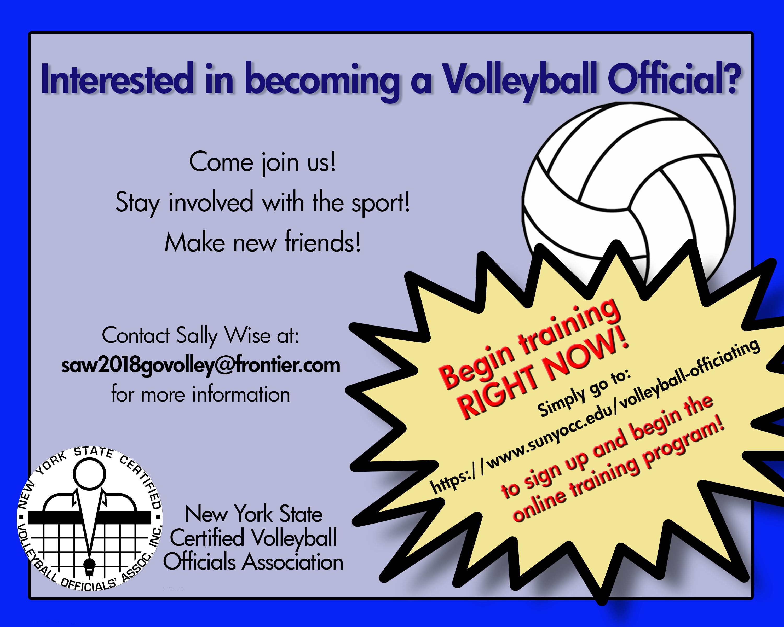 A flyer promoting volleyball officiating training with the New York State Certified Volleyball Officials Association.
