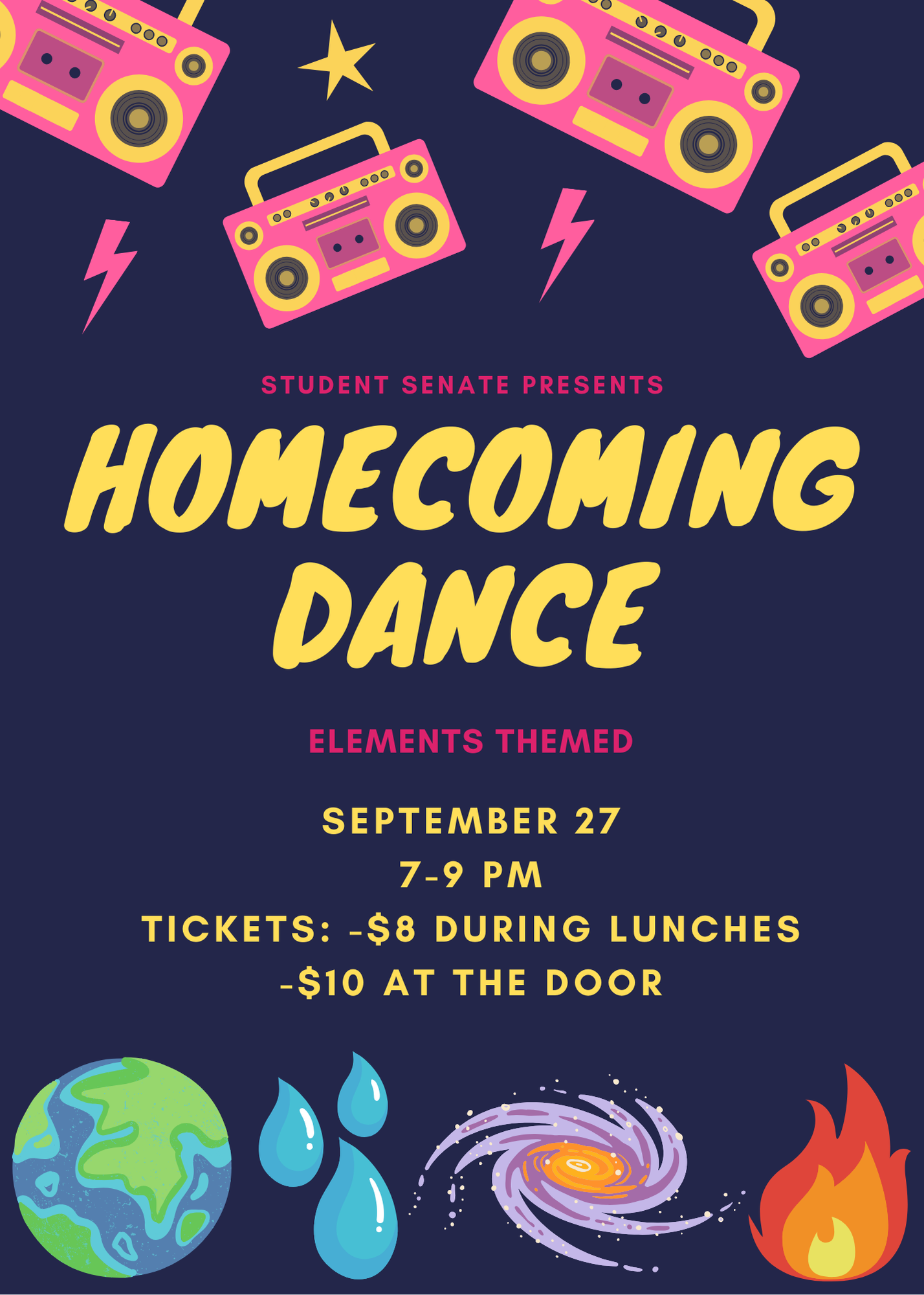 A poster announcing a homecoming dance with an elements theme, featuring boomboxes and a date of September 27th.