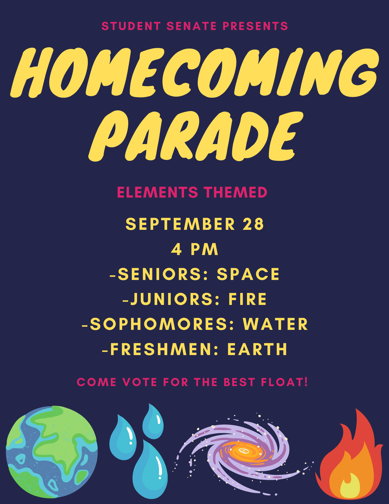 A poster announcing a homecoming parade with an elements theme. Seniors represent space, juniors represent fire, sophomores represent water, and freshmen represent earth. The parade is on September 28th at 4 PM.