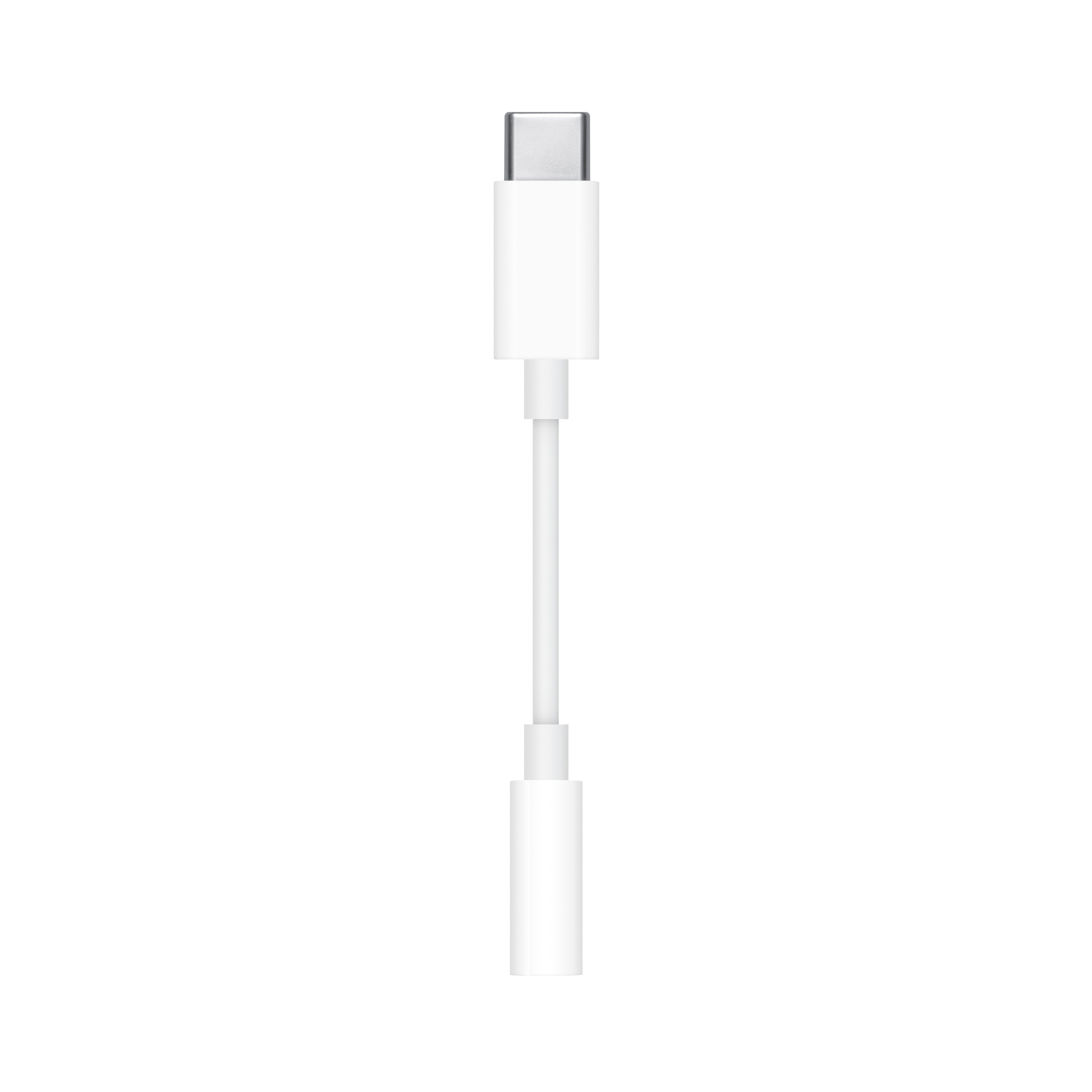A white USB-C to 3.5mm audio adapter cable on a white background.