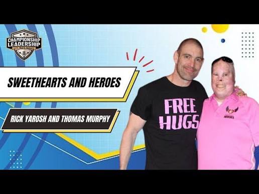Two men stand side-by-side in front of a blue background with graphic elements and the text 'SWEETHEARTS AND HEROES'.