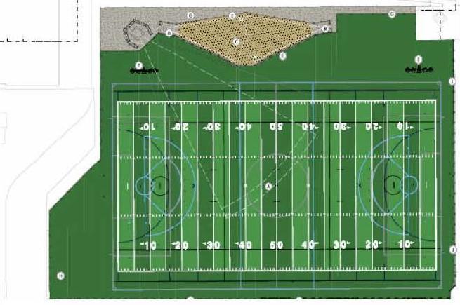 Overhead view of a football field with yard lines and end zones.