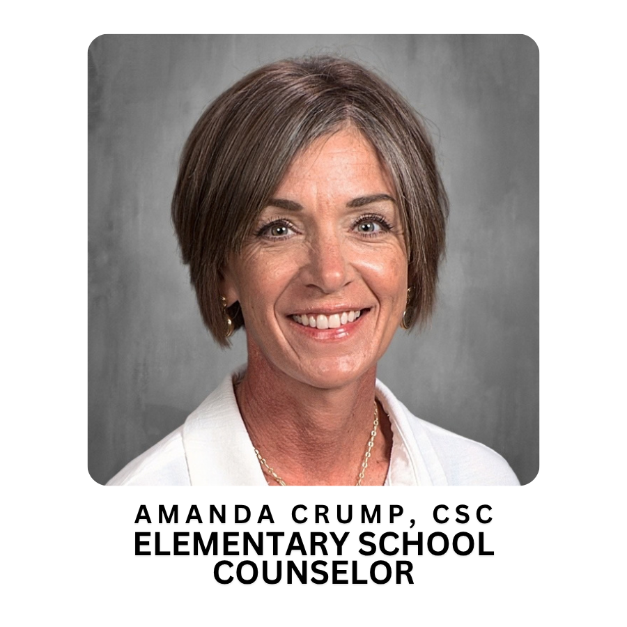A professional headshot of Amanda Crump, CSC, Elementary School Counselor, smiling against a neutral background.