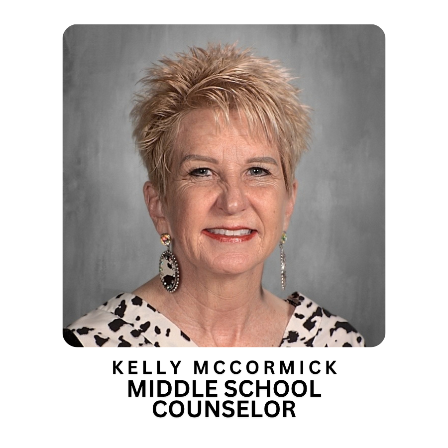 A professional portrait of Kelly McCormick, Middle School Counselor, smiling gently against a gray background.