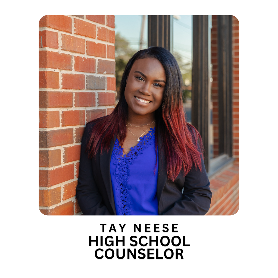 A professional portrait of Tay Neese, High School Counselor, smiling while leaning against a brick wall.