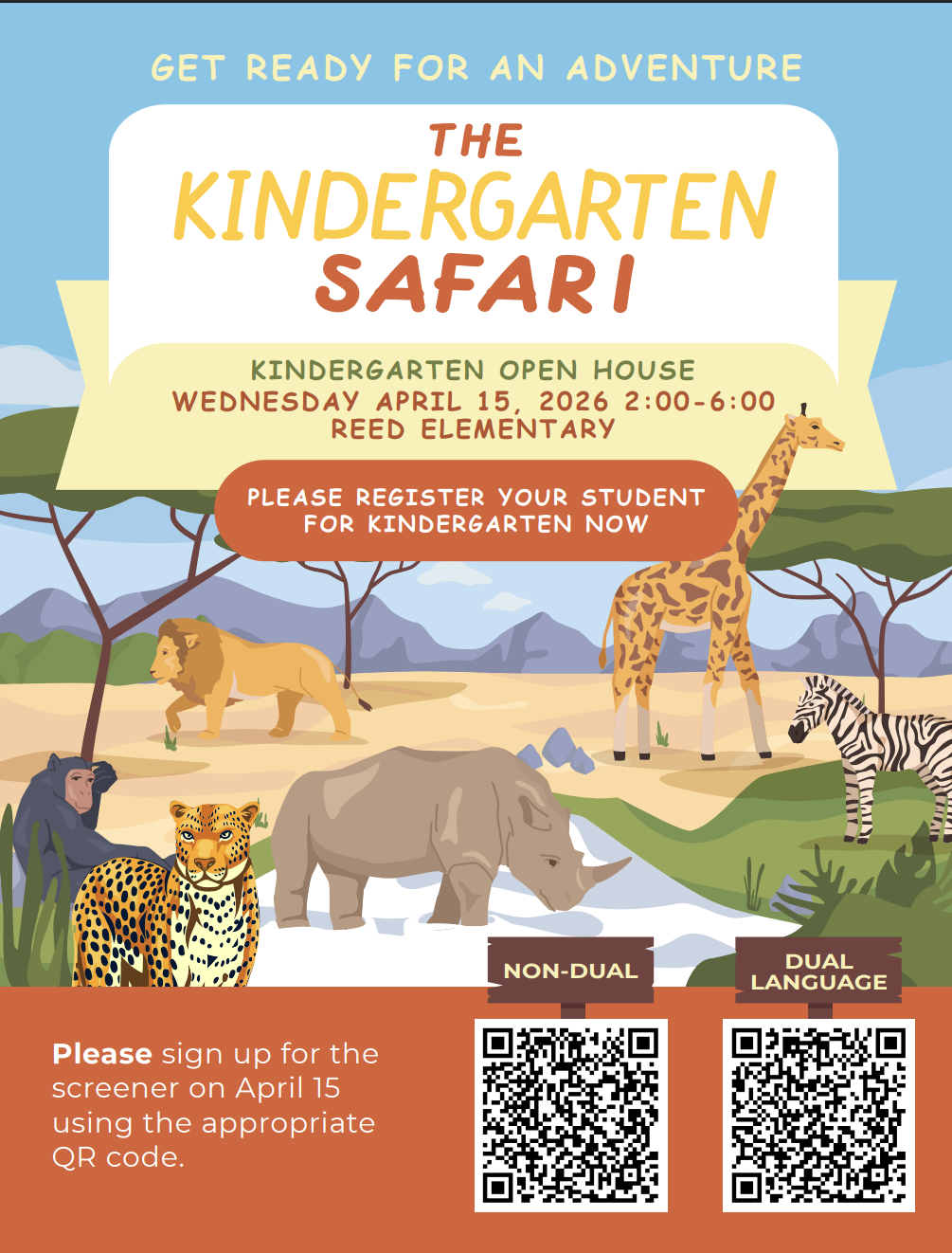A colorful poster advertises 'The Kindergarten Safari' open house at Reed Elementary.