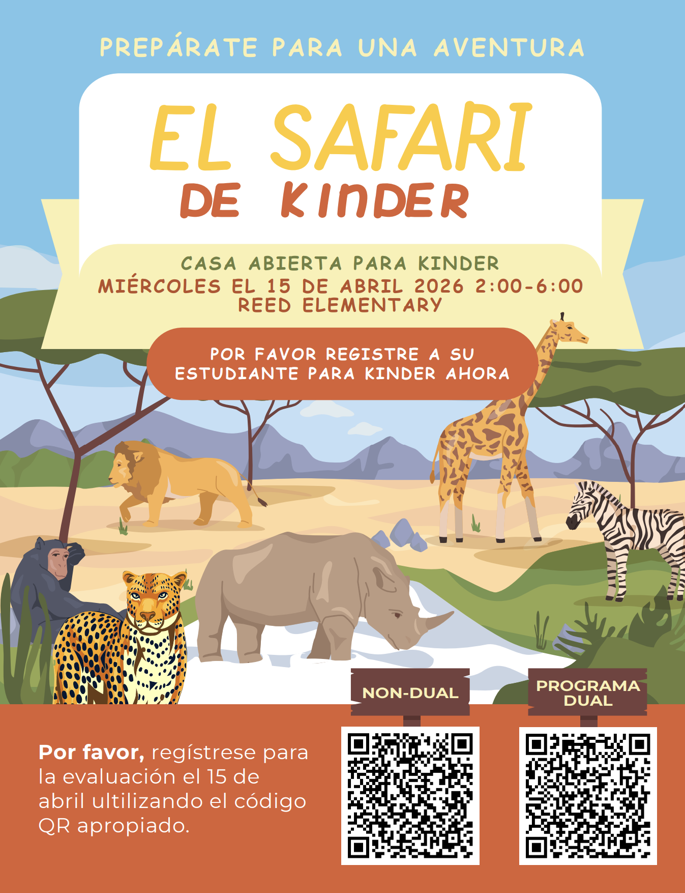 A colorful flyer announces 'El Safari de Kinder' with illustrations of safari animals.