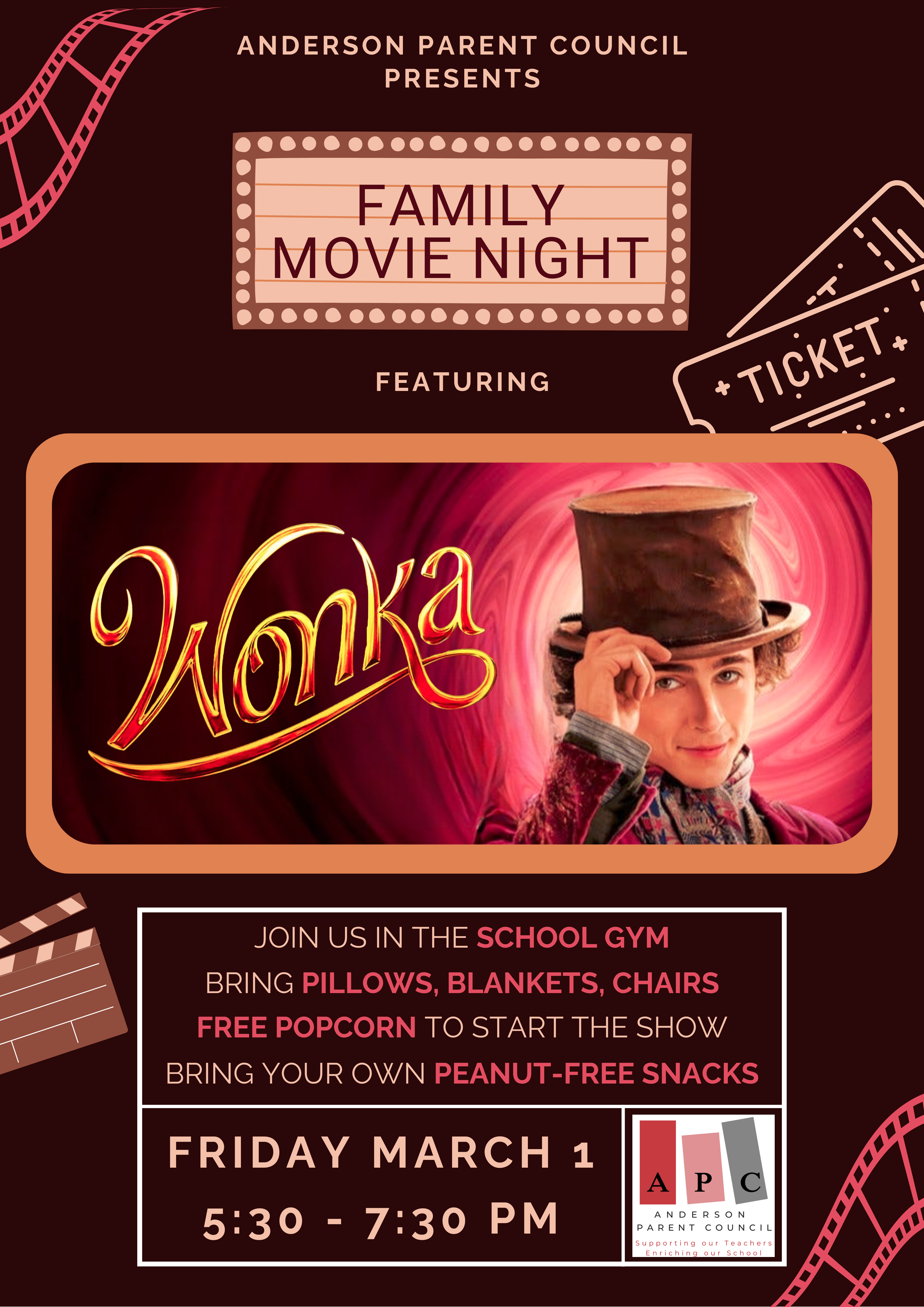Movie poster for Willy Wonka to be shown at the school on Friday, March 1st 2024.