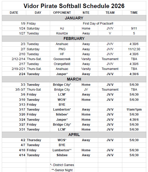 2026 Softball Schedule (Revised 01.08.26)