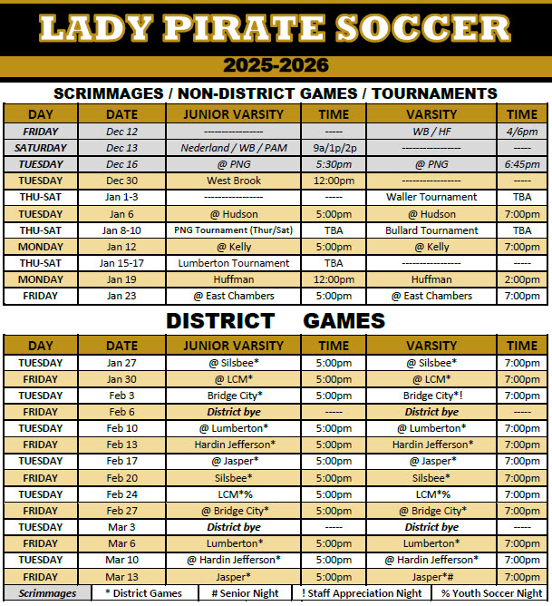 Updated 2025-2026 Lady Pirate Soccer Schedule